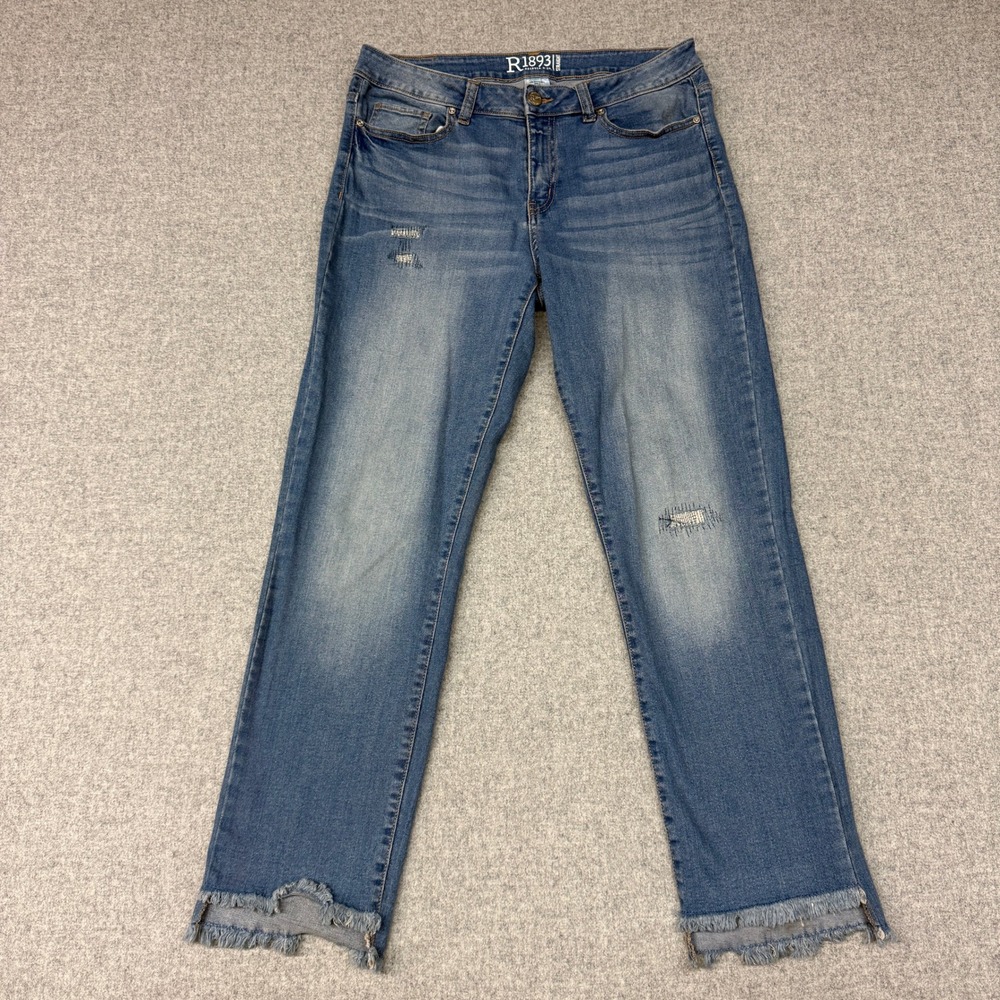 Roebuck & Co R1893 Straight Leg Jeans Size 12 Blue Frayed Notched Hem Distressed